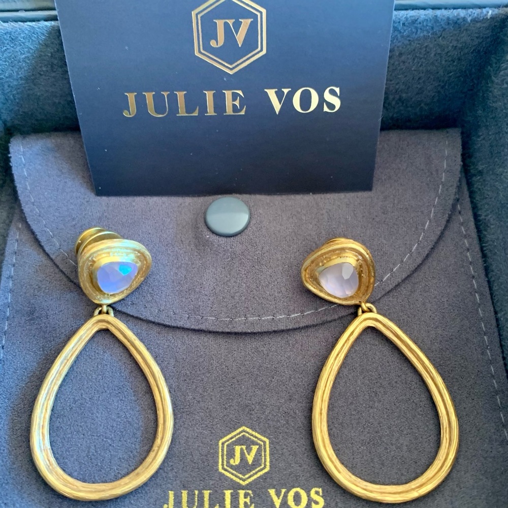 Julie Vos Drop Hoop Earrings with pink stone